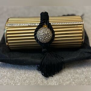 Gold metal evening gold black rhinestone purse clutch crossbody bag blk tassel